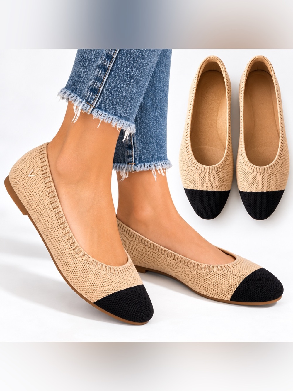 VIVAIA Cap Toe Knit Ballet Flats Beige Black Size 39.5 Classic Neutral